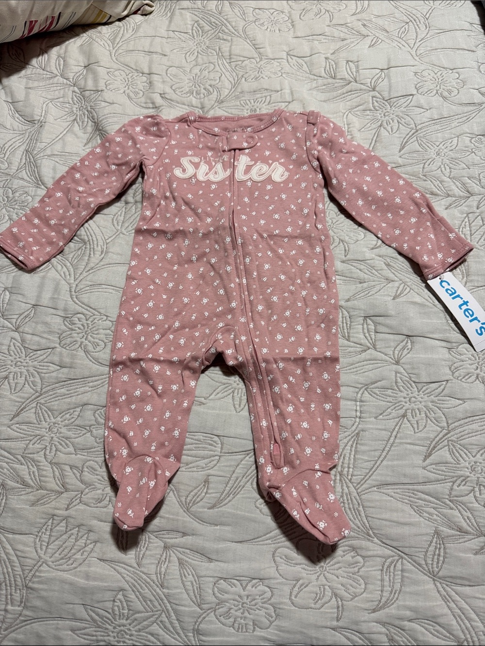Carter's Pink 'Sister' Floral Footed One-Piece for Kids size 3m